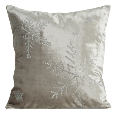 Poszewka na poduszkę świąteczna 45x45 cm beżowo, srebrna welwetowa zdobiona motywem śnieżynek z lśniących