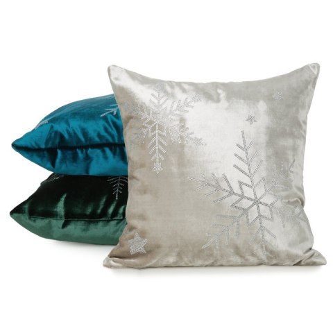 Poszewka na poduszkę świąteczna 45x45 cm beżowo, srebrna welwetowa zdobiona motywem śnieżynek z lśniących