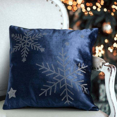 Poszewka na poduszkę świąteczna 45x45 cm beżowo, srebrna welwetowa zdobiona motywem śnieżynek z lśniących