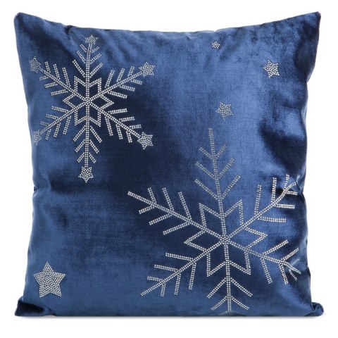 Poszewka na poduszkę świąteczna 45x45 cm granatowo, srebrna welwetowa zdobiona motywem śnieżynek z lśniących