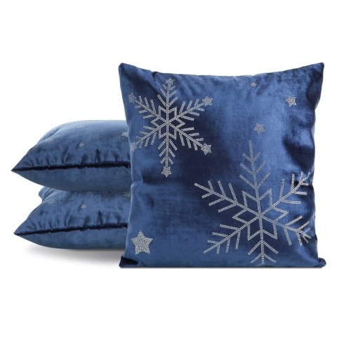 Poszewka na poduszkę świąteczna 45x45 cm granatowo, srebrna welwetowa zdobiona motywem śnieżynek z lśniących