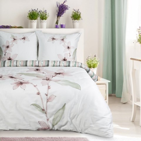 Pościel 220x200 cm bawełniana kolor biały, pudrowy z motywem roślinnym BIANCA Eurofirany Premium