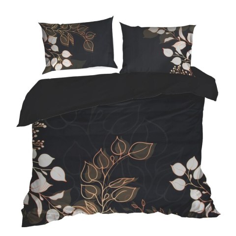 Pościel 160x200 cm z makosatyny bawełnianej kolor czarny, złoty z motywem liści VICTORIA 7 Limited Collection