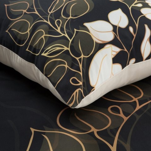 Pościel 160x200 cm z makosatyny bawełnianej kolor czarny, złoty z motywem liści VICTORIA 7 Limited Collection