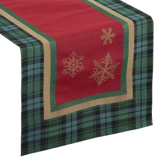 Bieżnik na stół zielono, czerwony 45x140 cm gobelinowy STAR z motywem złotych śnieżynek i ozdobnej kantą kraty