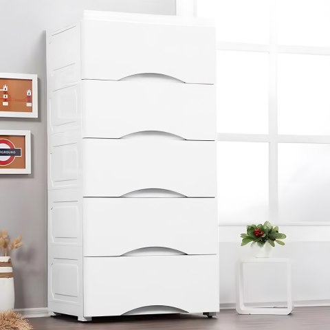 Regał z 5 wysuwanymi szufladami nogi z kółkami biały ModernHome