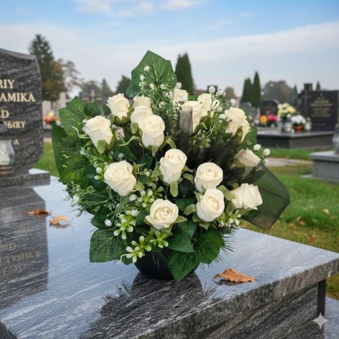 Stroik na cmentarz grób kompozycja kwiatowa na grób miska róże
