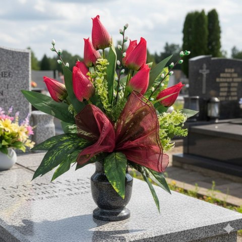 Bukiet flakon wiosenny stroik na cmentarz kompozycja kwiatowa tulipany