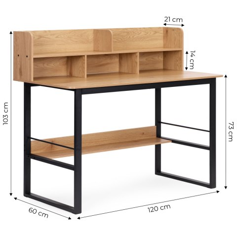 Biurko komputerowe 120x60 cm nadstawka 5 półek jasny dąb loftowe ModernHome