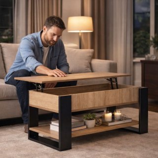 Stolik kawowy rozkładany blat podnoszony 90 cm schowek półka dąb sonoma ModernHome